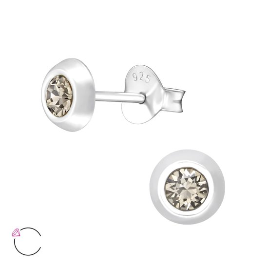 Joy|S - Zilveren ronde oorbellen - 5 mm - grijs Swarovski kristal