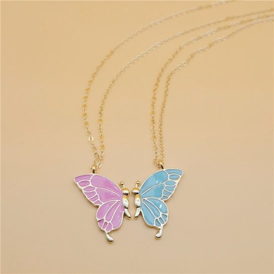 Collier Bixorp Friends BFF pour 2 avec papillons - Rose et Blauw sur cordon doré - Cadeau pour Cheveux / femme / petite amie / Maman / femme - Best Friends pour deux