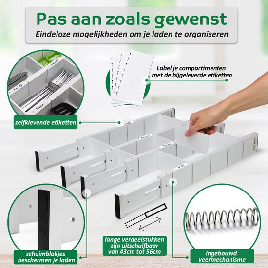 ANTOWIN Bamboe ladeverdelers organizers, uitbreidbare ladeverdelers, splitter, 43-55,9 cm lange verstelbare veerbelaste organizer voor groot gebruiksvoorwerp, kleding, gereedschapslades (zwart
