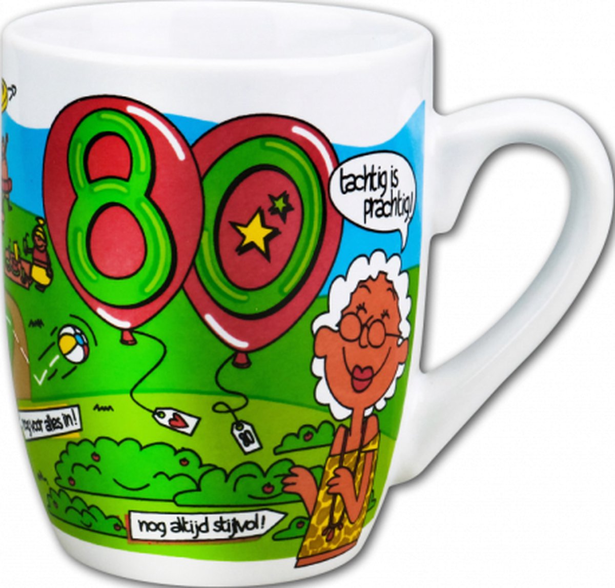Verjaardag - Cartoon Mok - Hoera 80 jaar - Gevuld met een toffeemix - In cadeauverpakking met gekleurd lint