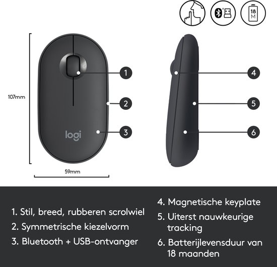 Logitech Pebble M350 - Draadloze Muis - Bluetooth - Zwart