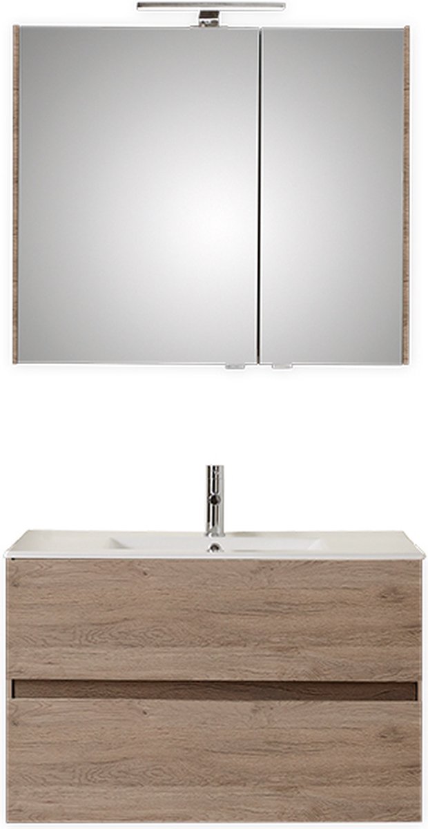 Badkamermeubel Pelipal Cento 91 cm wastafelonderkast greeploos met spiegelkast Sanremo Eiken met kraangat