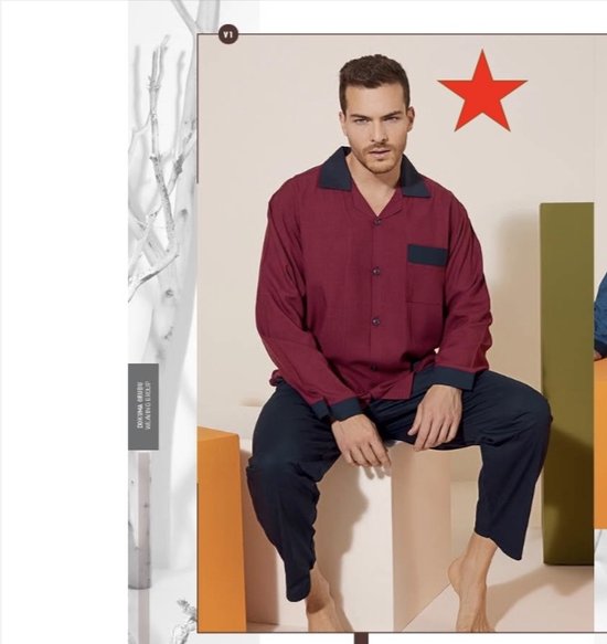 Heren Pyjama James / Broek & T-shirt / Bordeaux kleur / maat M