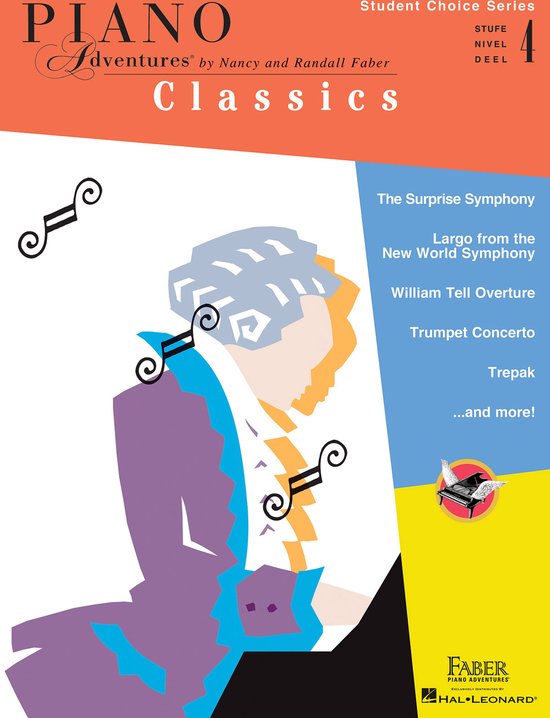 Boekhoes met een illustratie van een man in paarse jas, met muzieksymbolen. Titel: Piano Adventures Classics.