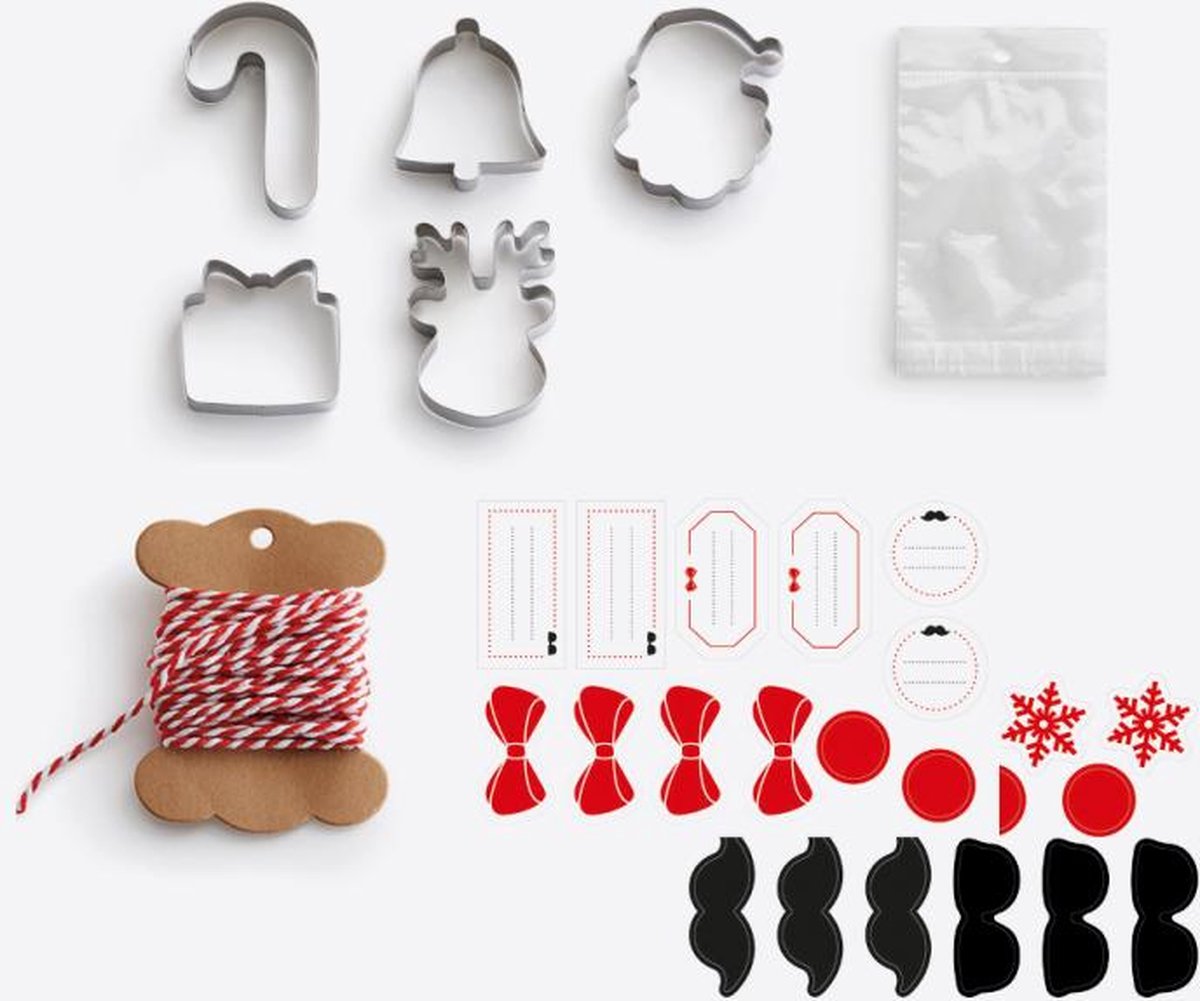 Lékué set voor kerstkoekjes met 5 uitsteekvormen; 20 plastic zakjes; touw en stickers