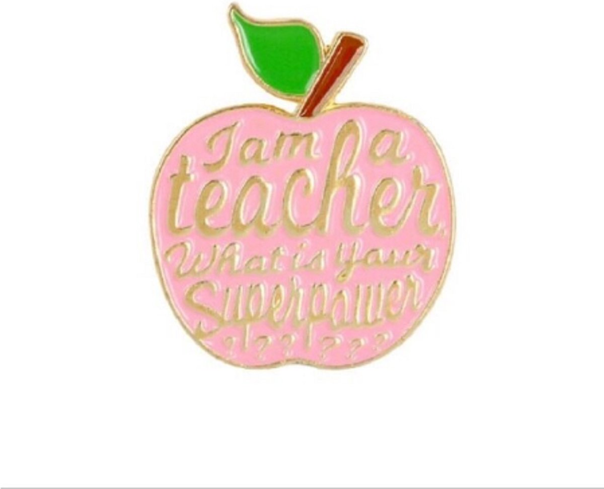 Pin ''teacher'' superpower, juf & meester cadeautje, broche, kledingspeld, roze