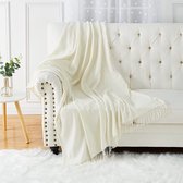 CAROMIO Chenille plaid met kwasten, zachte gezellige bank stoel bank slaapkamer luxe chenille gebreide bank / bed deken bedsprei 127 x 152 cm crème