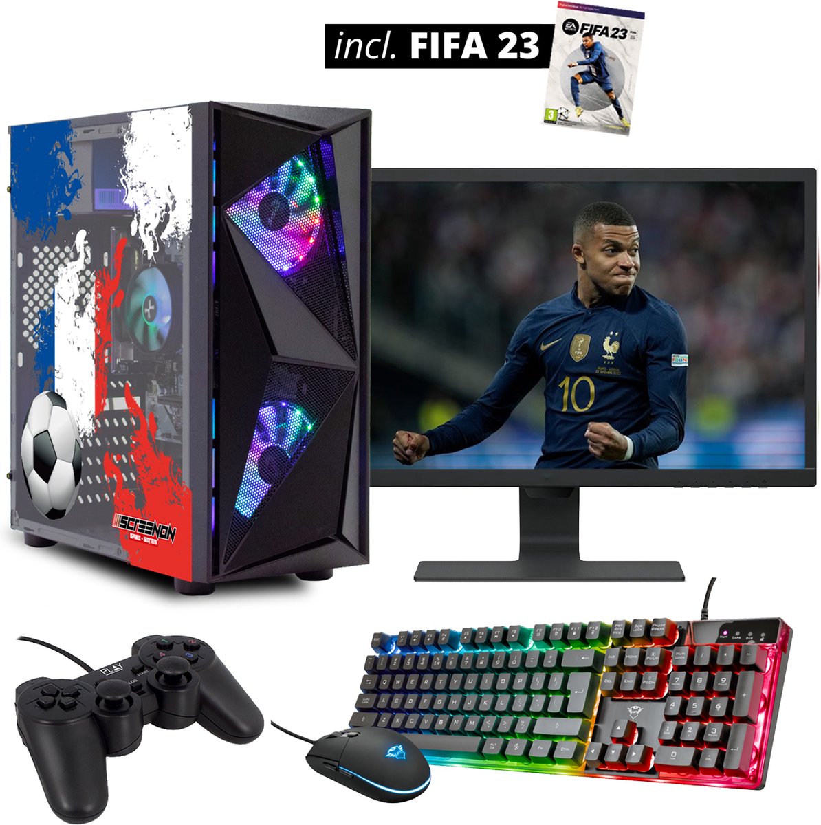 ScreenON - FIFA FR Gaming Set + FIFA 23 - FF23-V1103127 - (GamePC.FF23-V11031 + 27 Inch Monitor + Toetsenbord + Muis + Controller + FIFA 23)