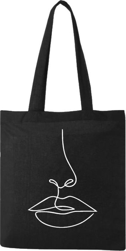 Katoenen tas zwart | Tassen dames | Shopper | Laptop tas | Abstract Gezicht Lips