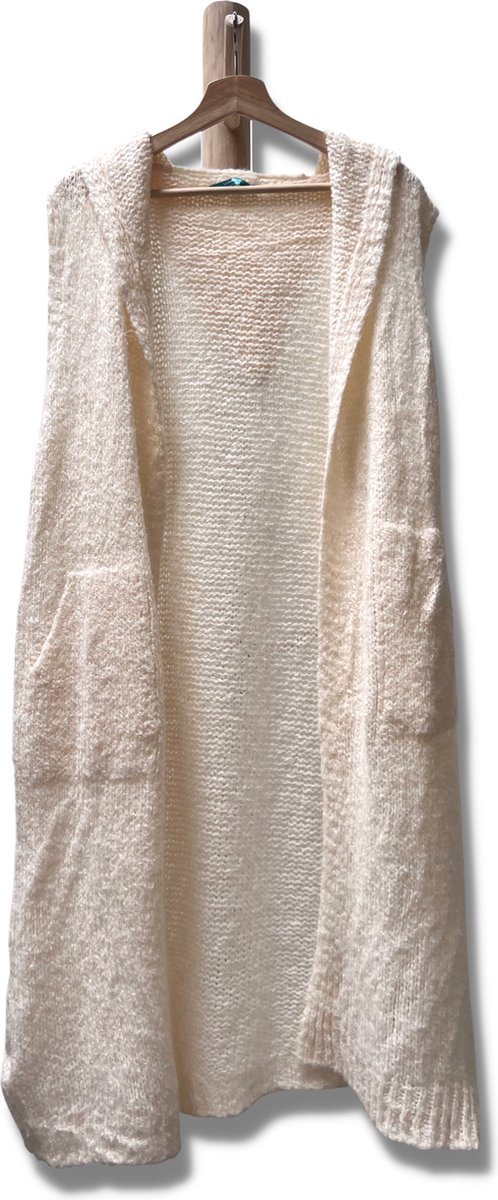 Lundholm vest dames lang gebreid gebroken wit - zonder mouwen met capuchon - maat M | Scandinavisch design - Linköping serie