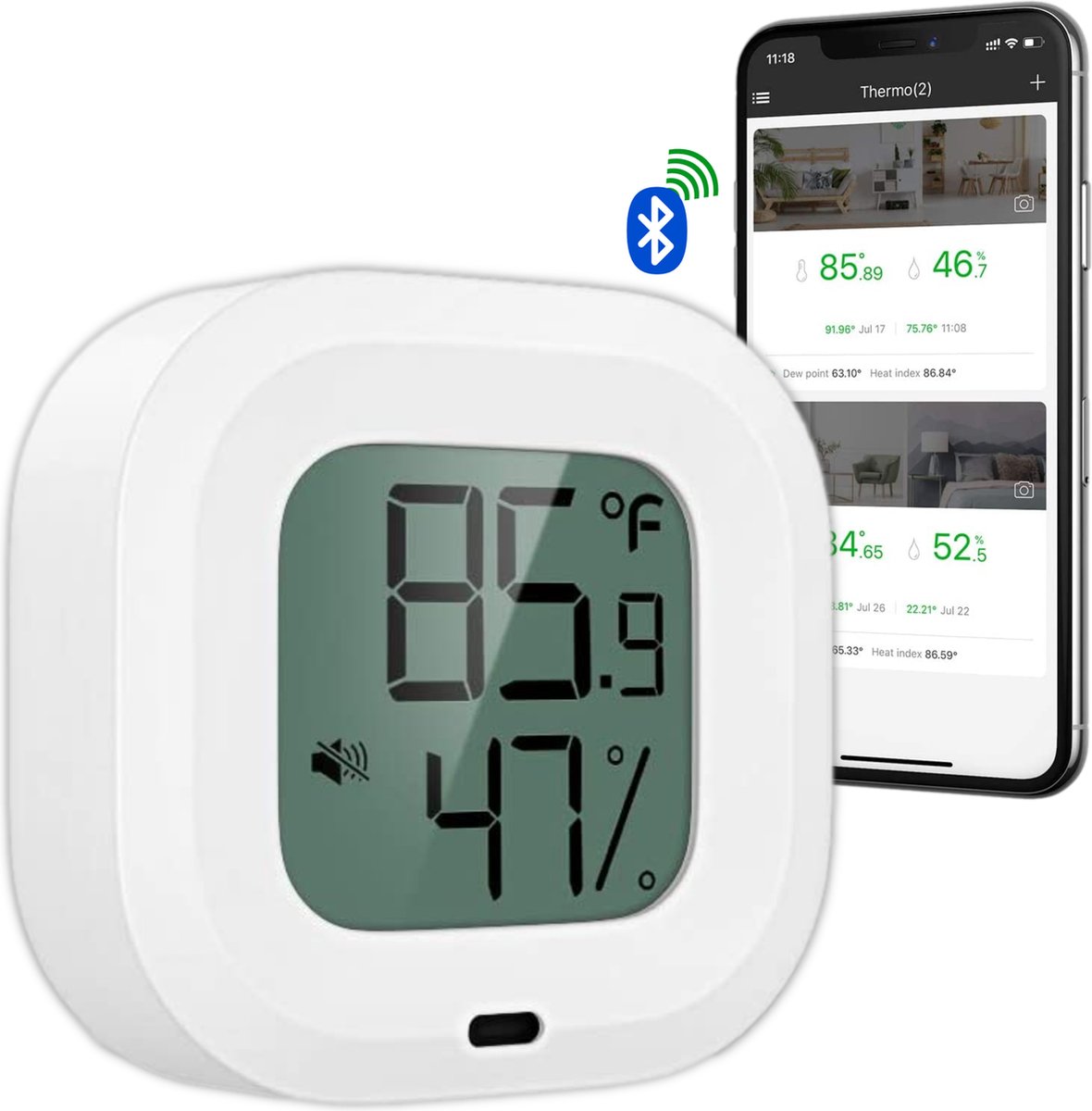 YUCONN Hygrometer Bluetooth - Temperatuurmeter binnen en buiten - Weerstation Draadloos - Luchtvochtigheidsmeter binnen en buiten - Digitaal gratis app