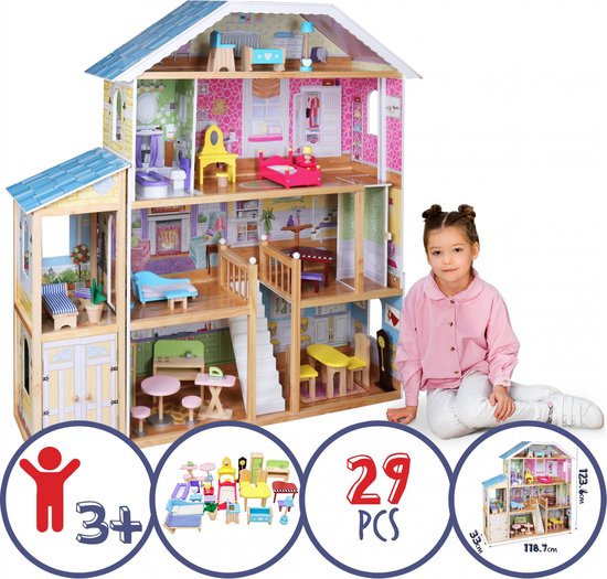 GoodVibes - Houten Poppenhuis XXXL - 4 Speelniveaus - Incl. Meubels/Accessoires voor Poppen van 30 cm - Poppenvilla voor Kinderen - Speelgoed voor Kinderkamer/Slaapkamer