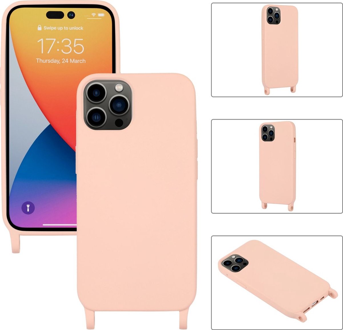 Mobigear Telefoonhoesje geschikt voor Apple iPhone 14 Pro Max Siliconen | Mobigear Lanyard Hoesje met koord - Roze