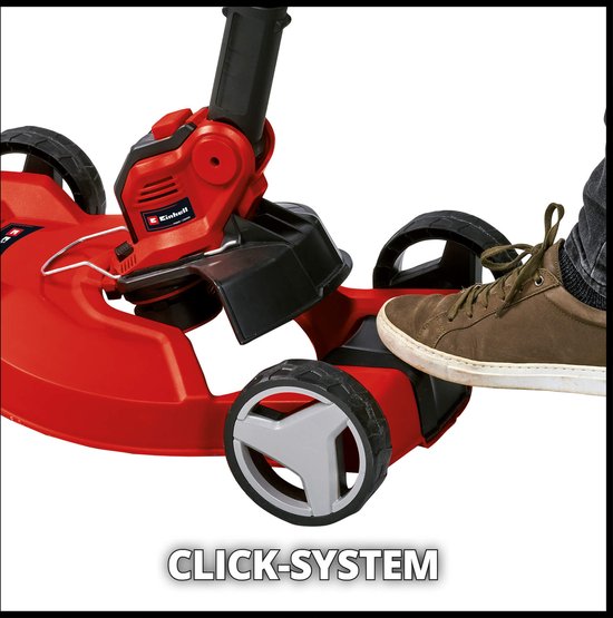 Dichtbij shot van een rode grastrimmer met wielen en tekst 'CLICK-SYSTEM'.