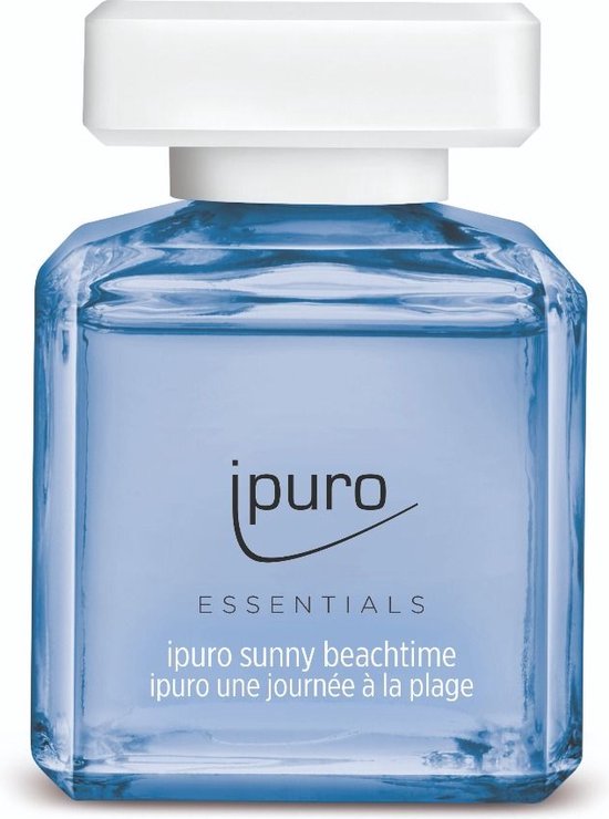 Diffuseur ipuro en verre avec liquide bleu et bouchon blanc. Texte : ipuro sunny beachtime.