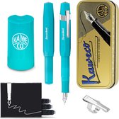 Kaweco - Cadeauset - (5delig) - Vulpen FROSTED SPORT BLUE BERRY Fountain Pen - Fine - Vintage blikje - Oktogonal Clip Chrome - Patronen houder TURKOISE - Vullingen