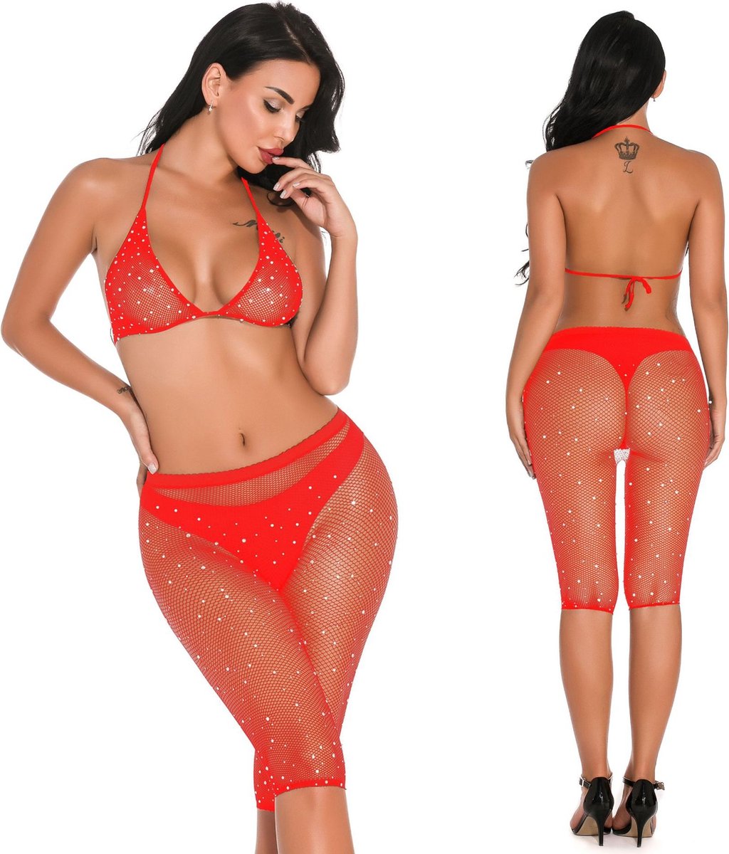 Goedkoopste Glitter bh-set met broek rood - one-size