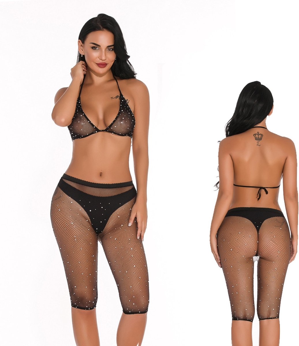 Goedkoopste Glitter bh-set met broek zwart - one-size