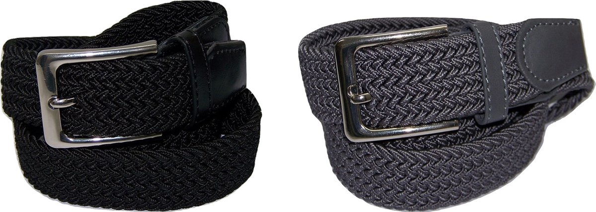 Duopack Zwart Grijs - Elastische Comfort Riem - maat 120 - Gevlochten - 100% Elastisch - Nikkelvrije Gesp