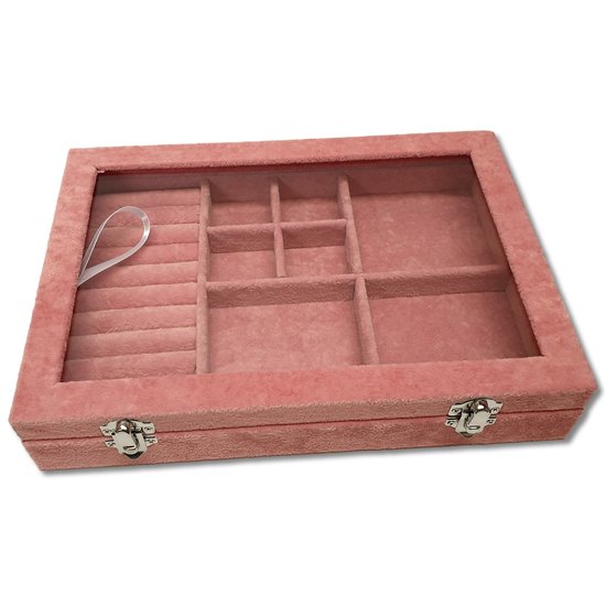 Ilènne - Boîte à bijoux M - Rose - 7 compartiments et porte-bagues - 28,5x20x5cm - couvercle en verre