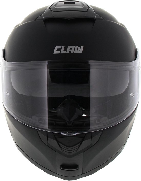 Matzwarte systeemhelm met vizier en 'CLAW' logo, vooraanzicht.