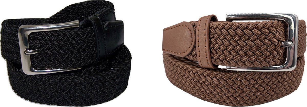 Duopack Zwart Bruin - Elastische Comfort Riem - maat 120 - Gevlochten - 100% Elastisch - Nikkelvrije Gesp