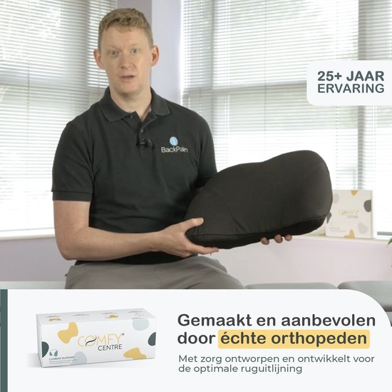 Man houdt ergonomische rugsteun vast, '25+ jaar ervaring' vermeld.