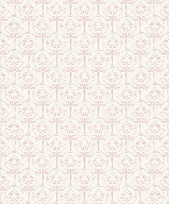 Dutch Wallcoverings - Little Kids- Oiseaux roze/wit - vliesbehang - 10m x 53cm - JS3205