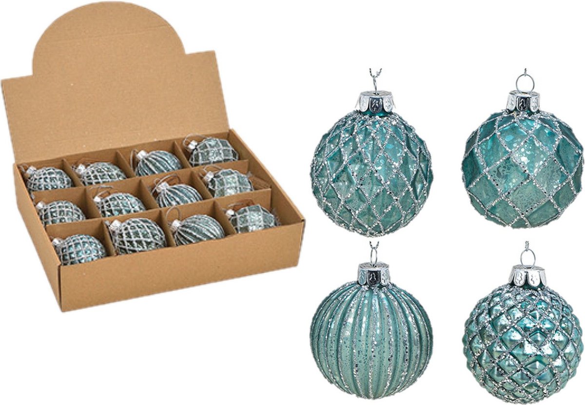 Wurm Kerstballen 12st glazen gedecoreerd turquoise blauw 6 cm