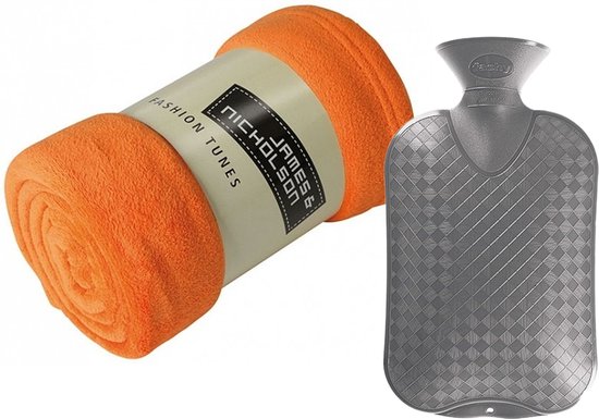 Fleece deken/plaid - oranje - 120 x 160 cm - kruik - 2 liter
