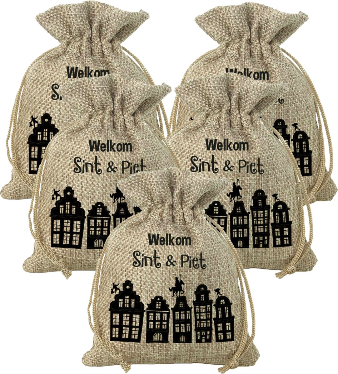 Mini Sinterklaas jute cadeauzak Welkom Sint en Piet - Pakket van 5x stuks - Strooizak met koord - 18 x 25 cm