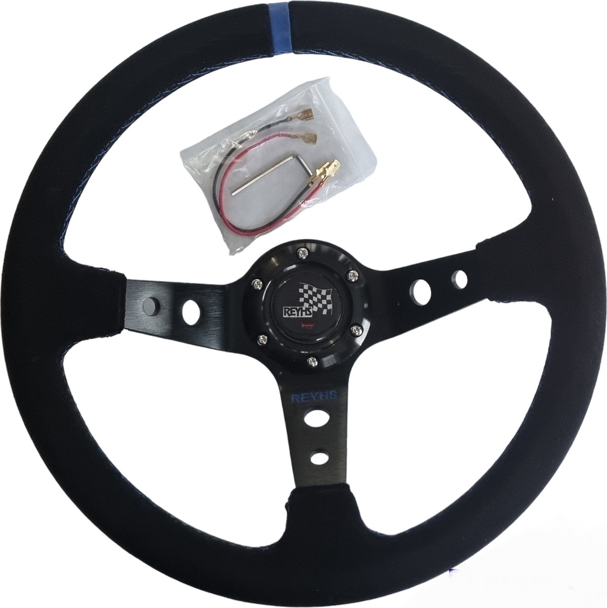 REYHS - Deep Dish sportstuur - blauw - 14" - suede leer - race - drift - stuurnaaf