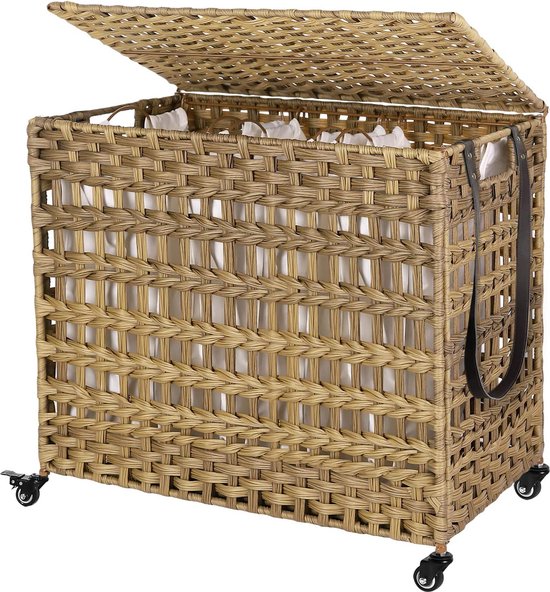 SONGMICS Wasmand handgeweven, synthetische rotan wasmand, met deksel en handvatten, opvouwbare, afneembare waszak, zwart LCB51BK