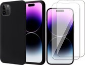 Hoesje geschikt voor iPhone 14 Pro Max - Matte Back Cover Microvezel Siliconen Case Hoes Zwart - 2x Tempered Glass Screenprotector
