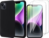 Hoesje geschikt voor iPhone 14 - Matte Back Cover Microvezel Siliconen Case Hoes Zwart - 2x Tempered Glass Screenprotector