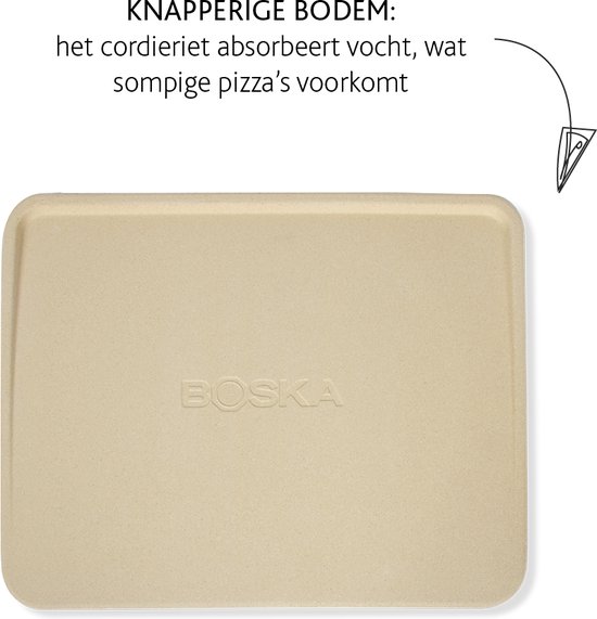 Beige rechthoekige pizzasteen met het logo van Boska, 40 x 32 cm.