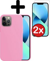Hoesje Geschikt voor iPhone 14 Pro Hoesje Siliconen Case Hoes Met 2x Screenprotector - Hoes Geschikt voor iPhone 14 Pro Hoes Cover Case - lichtroze