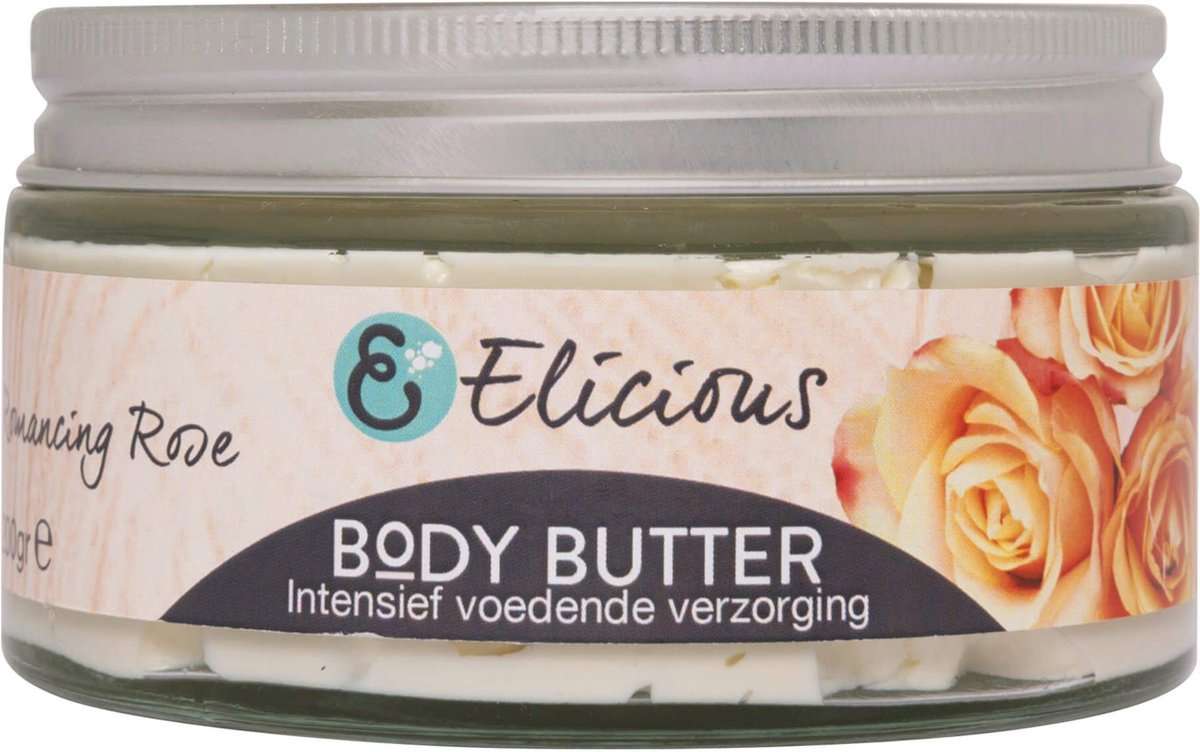 Elicious® - Body Butter - Roos - 100% Natuurlijk - Huidverzorging - Natuurlijke Skincare - Moisturizer - Plasticvrij - SLS vrij - Vegan - Dierproefvrij - 200gr
