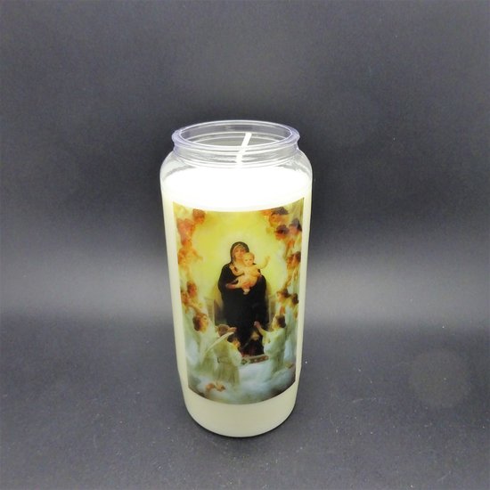 Bougie blanche avec une image de Marie avec l'enfant, entourée d'anges.