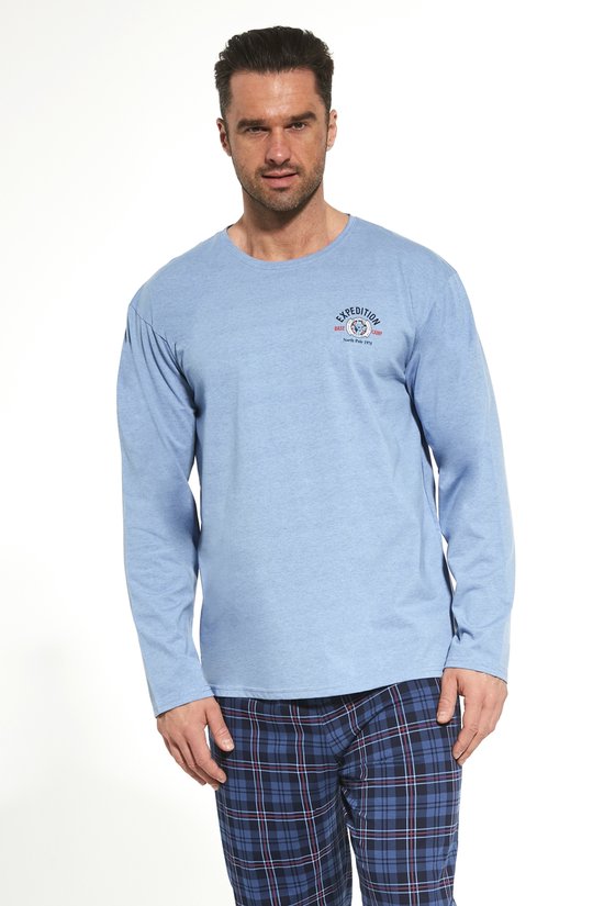 Bresdk Katoenen pyjama voor heren, lang, winter, lange mouwen, knopen, tweedelig, klassiek, open voorkant, warm en zacht, Kobalt Blauw, 3XL
