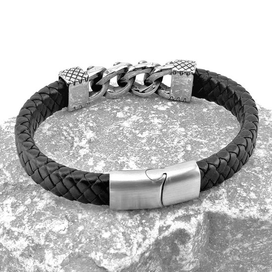 Bracelet Homme Cuir Noir Et Acier Inoxydable – Ajustable 18 à 23 Cm, Neuf