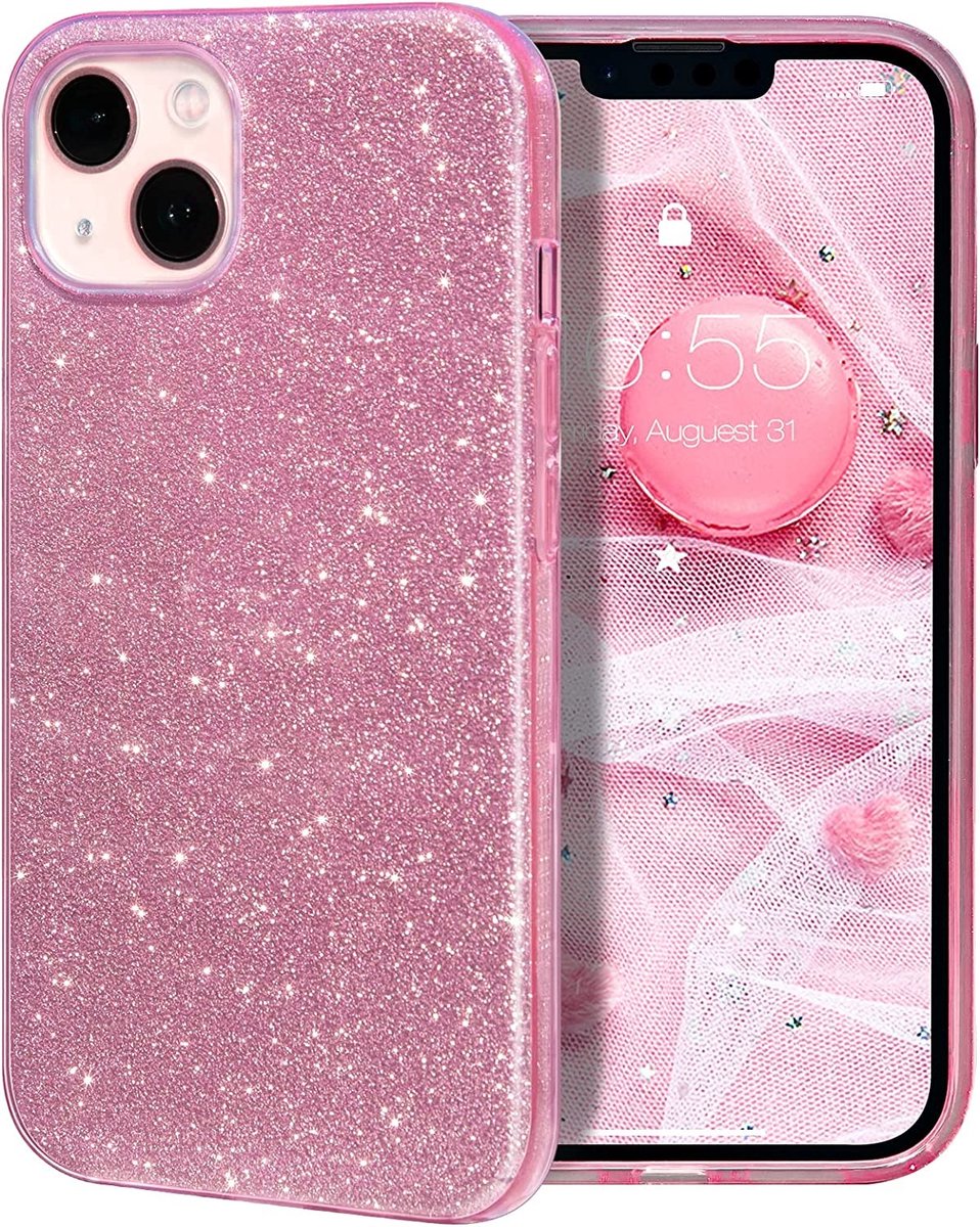 Hoesje Geschikt voor iPhone 14 Glitter Siliconen backcover – Roze