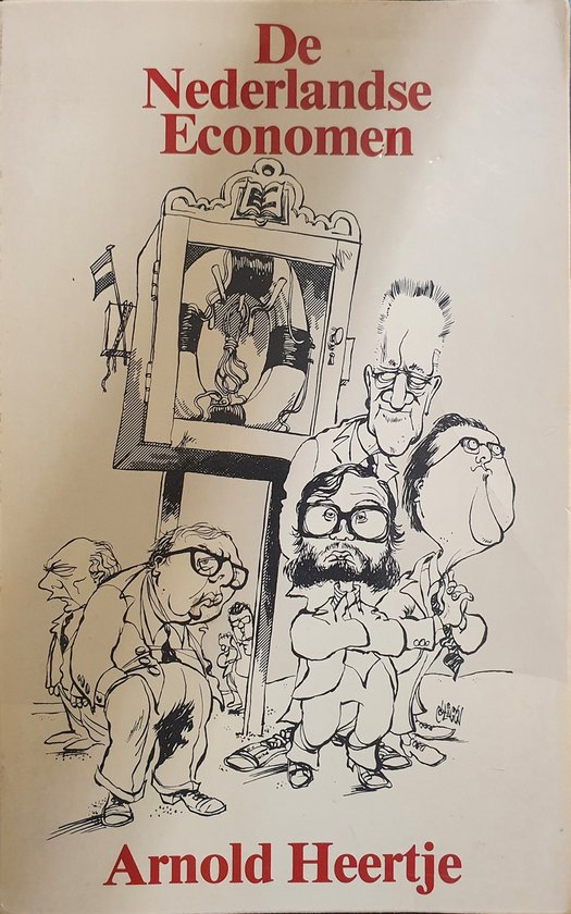 Boek "De Nederlandse Economen" door Arnold Heertje met karikaturen van economen.