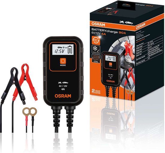 Osram acculader 6V/12V 4A slimme batterijoplader met onderhoudsmodus voor motoren en kleine voertuigen