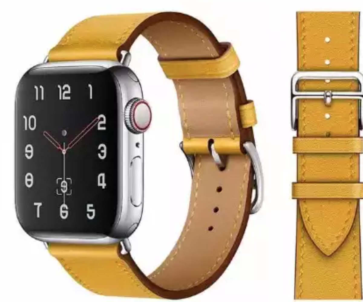 UrbanGoods - Horloge band - Geschikt voor Apple Watch - Echt Leer - 42 - 44 - 45 mm - Geel - Series 4 5 6 7 SE - Smartwatch iWatch
