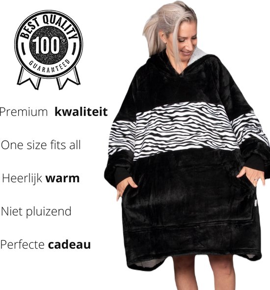 Q-Living Hoodie Deken - Extra Lang & Dik - Snuggie - Plaid Met Mouwen - Snuggle Hoodie - Fleece Deken Met Mouwen - 1450 gram - Zwart/Zebra