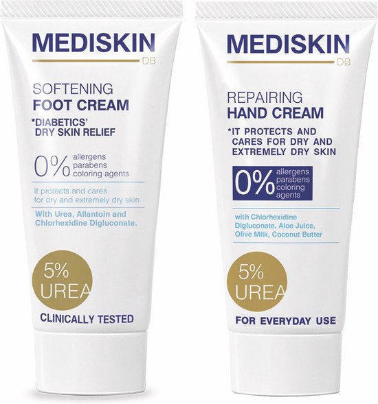 Twee tubes Mediskin. Links: softening foot cream. Rechts: repairing hand cream. Beide 5% ureum.