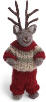 Grijs vilten jongens hert Kersthanger met gestreepte trui en rode broek - hangend of staand - 15 cm van Én Gry & Sif