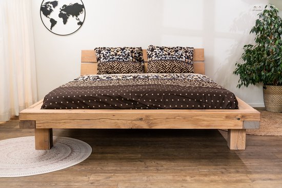 balken bed - puur natuur - massief eiken - inclusief hoofdbord - 180 x 200