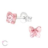 Joy|S - Zilveren vlinder oorbellen - roze - 5 mm - Swarovski kristal